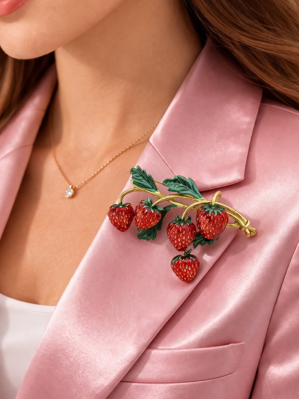 Red Strawberry Gold Green Branch Brooch